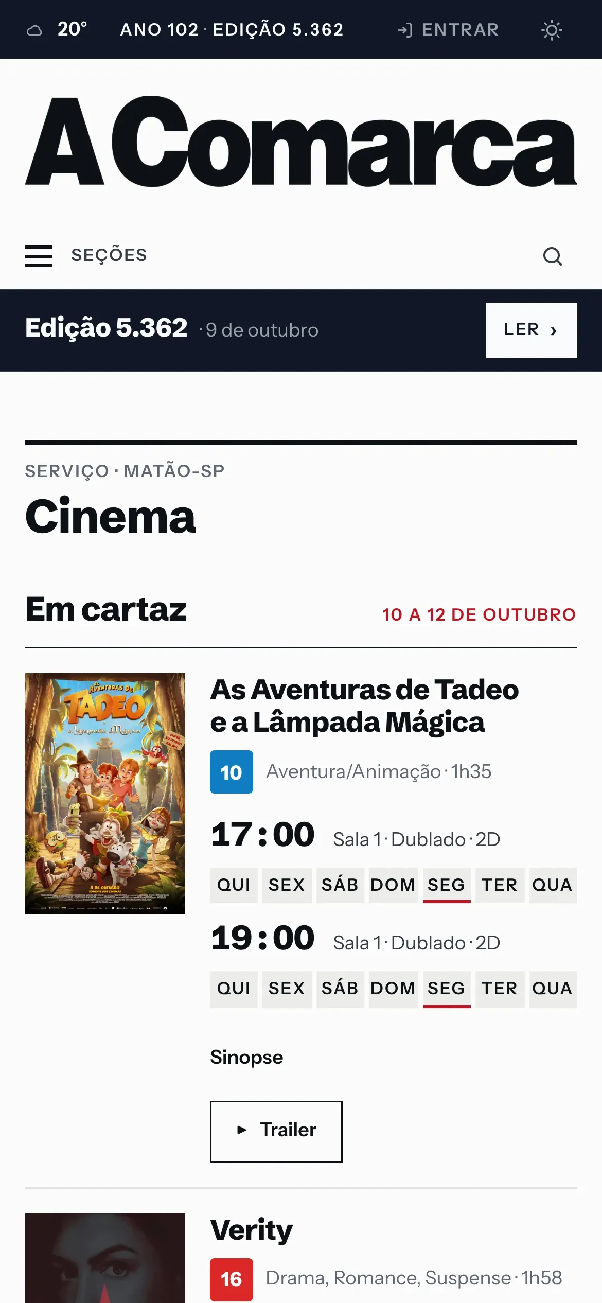 Movie listings on a phone