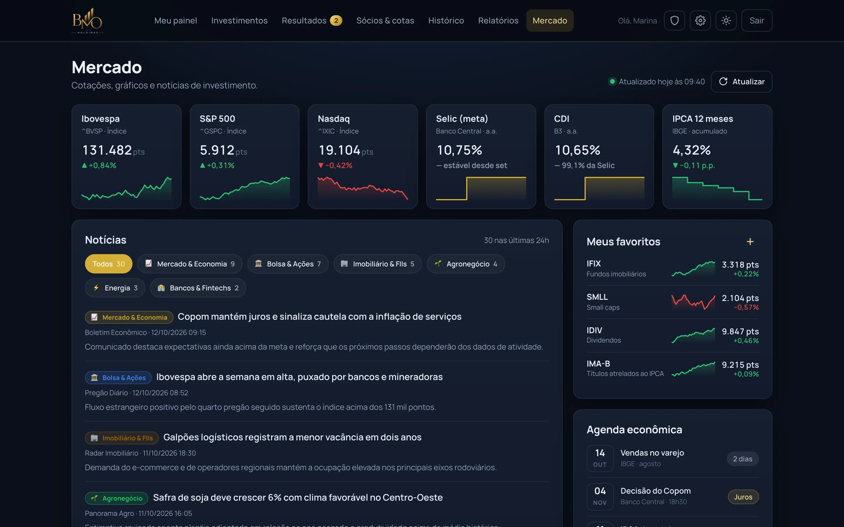 Market screen: index and rate quotes, news filtered by topic, favorites and economic calendar