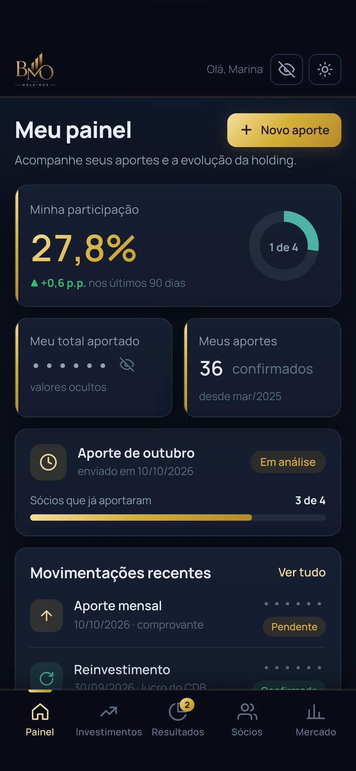 Partner dashboard on a phone: a 27.8% stake and recent transactions, with values hidden