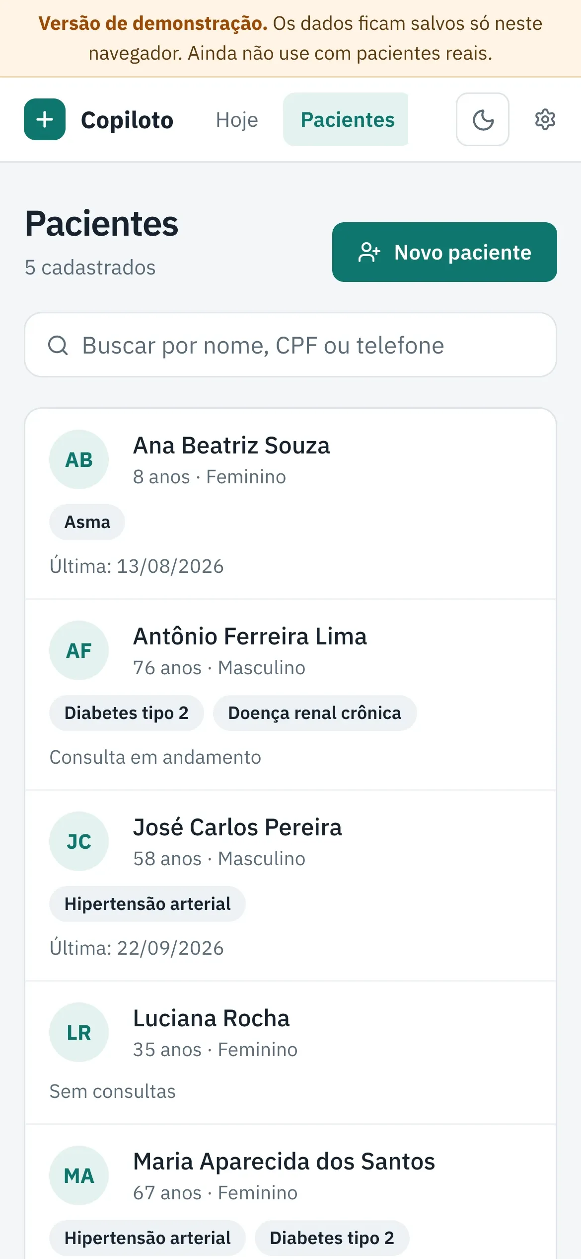 Patient list on the phone, with age and conditions