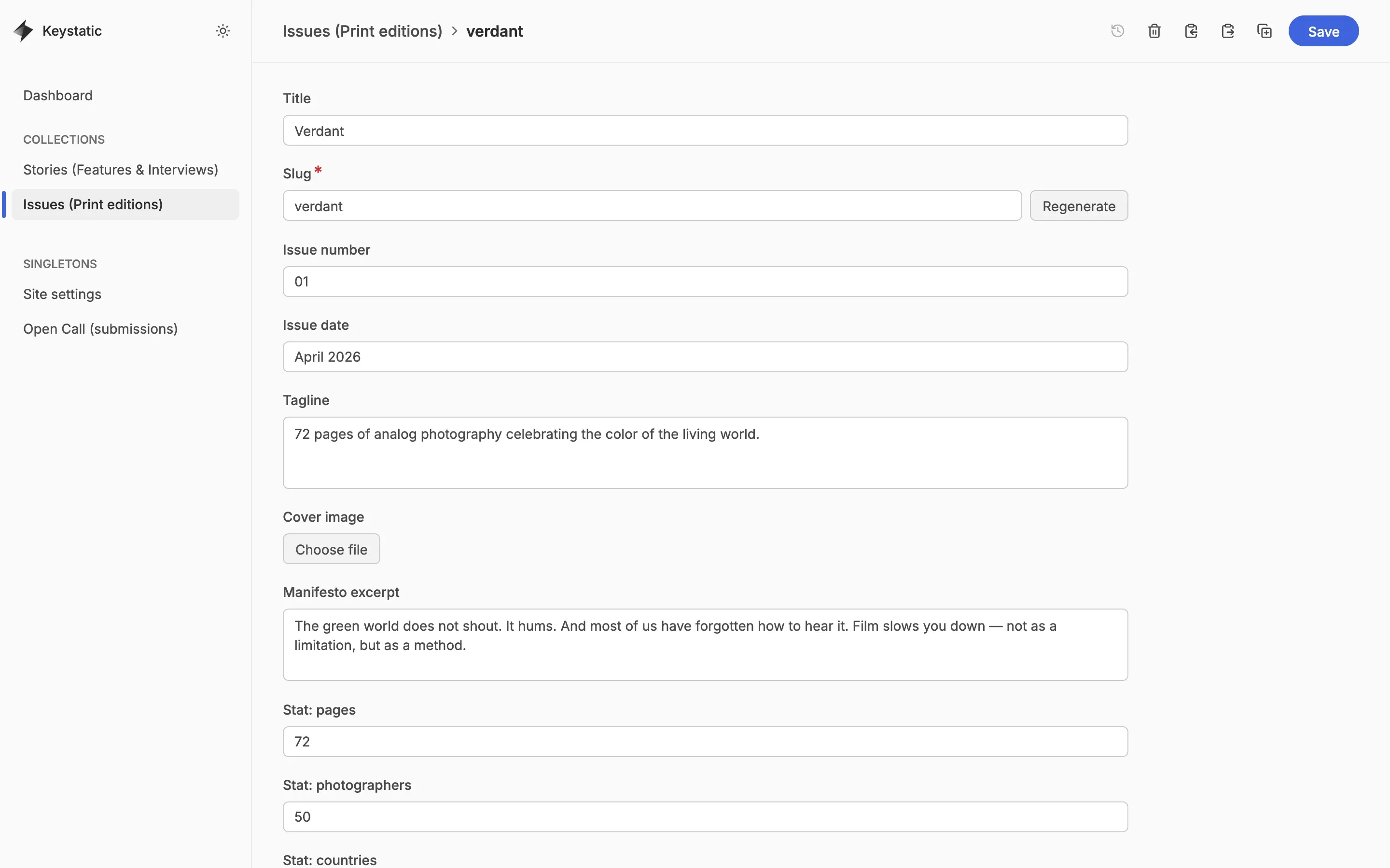 Content manager with the Verdant issue open