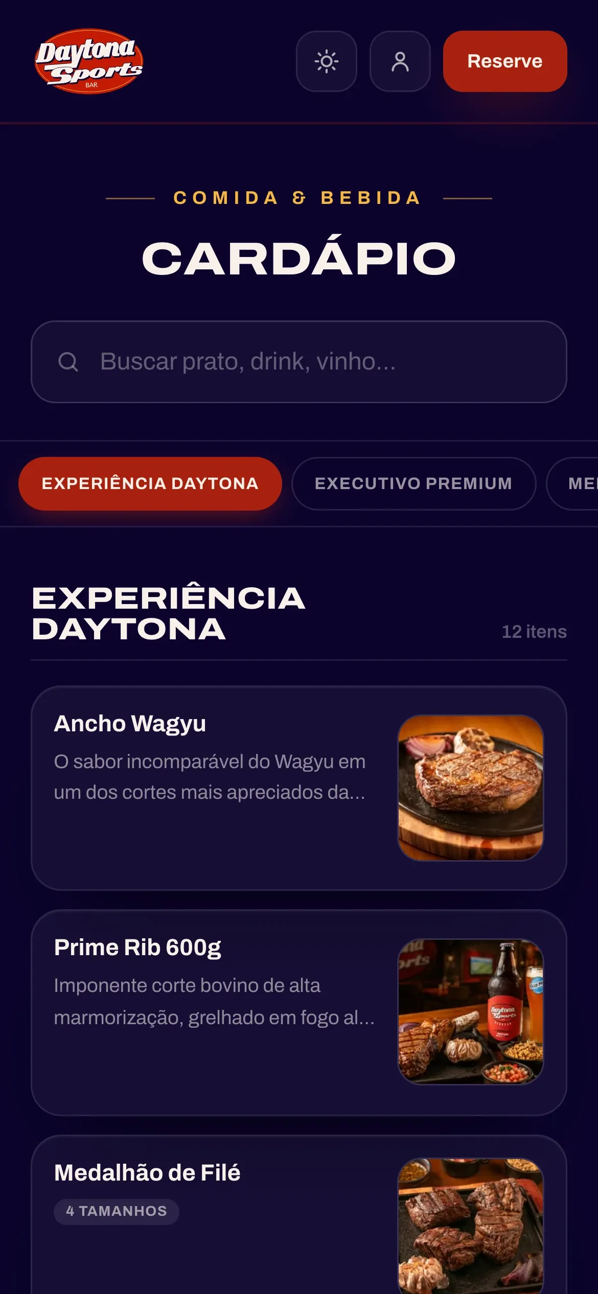 Menu on a phone, with search and categories