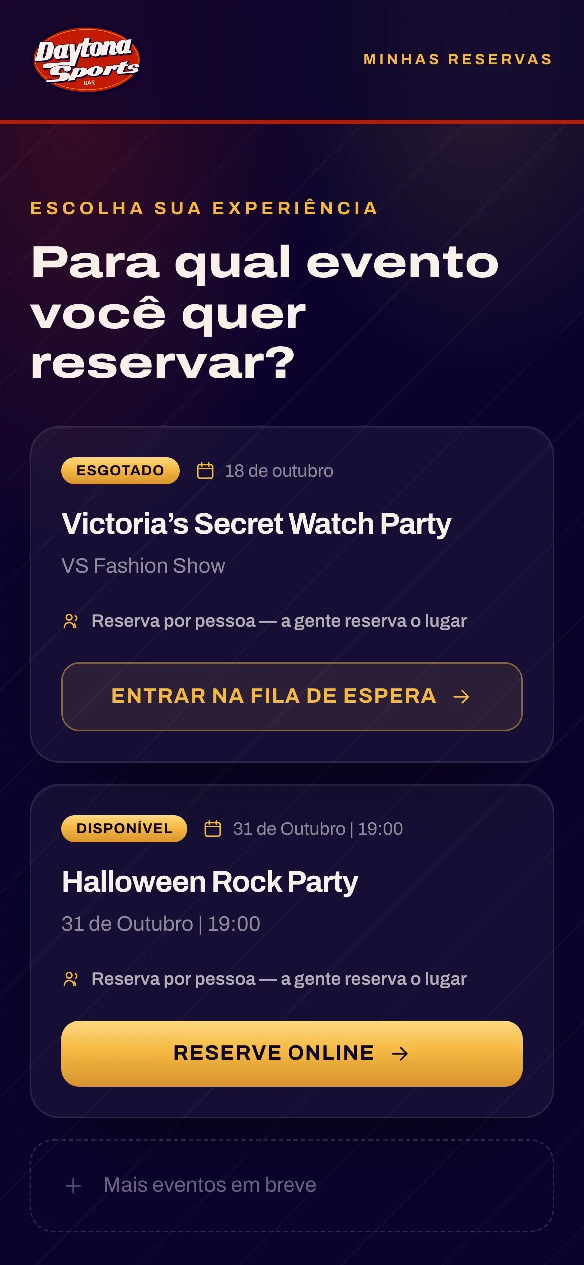 Bookings: list of events to choose from