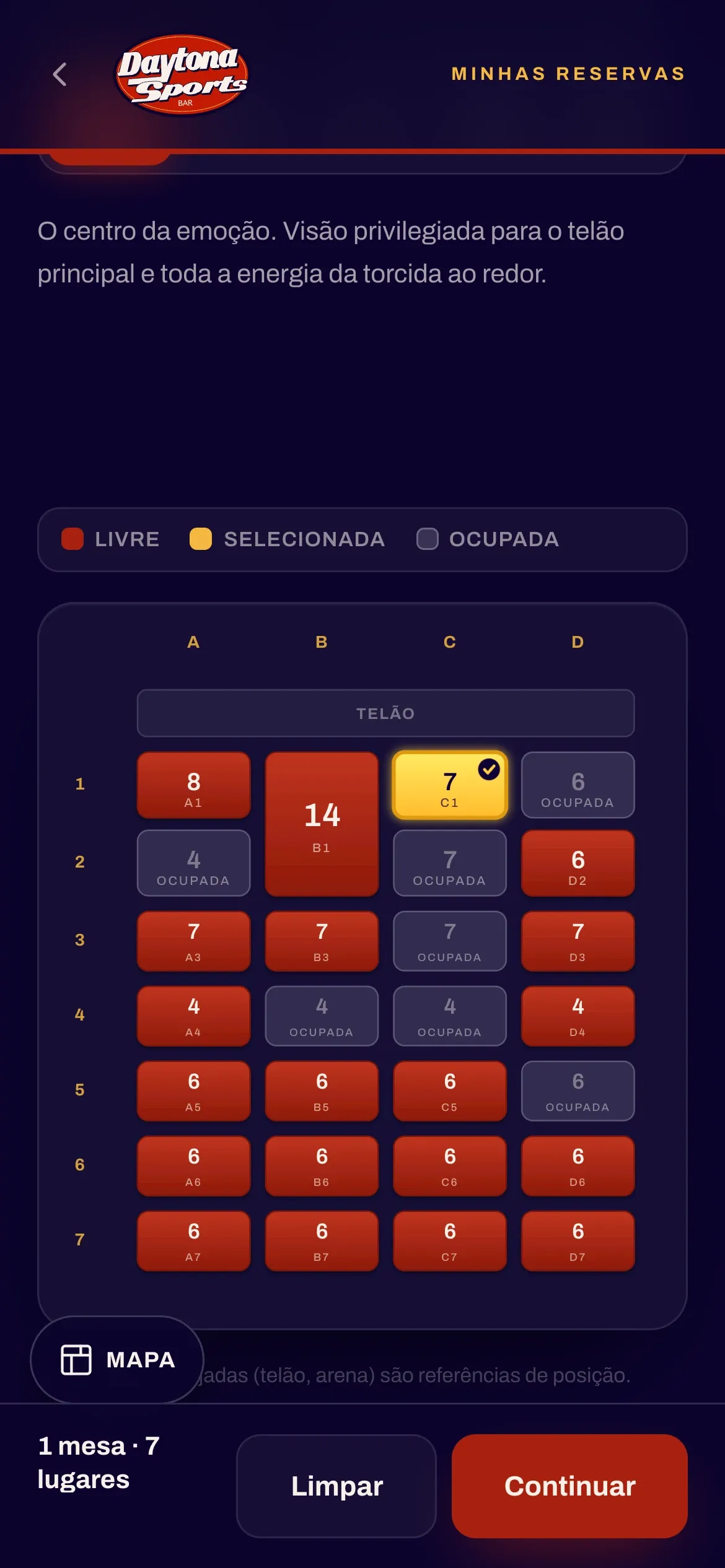 Bookings: Arena table map with free, taken and selected tables