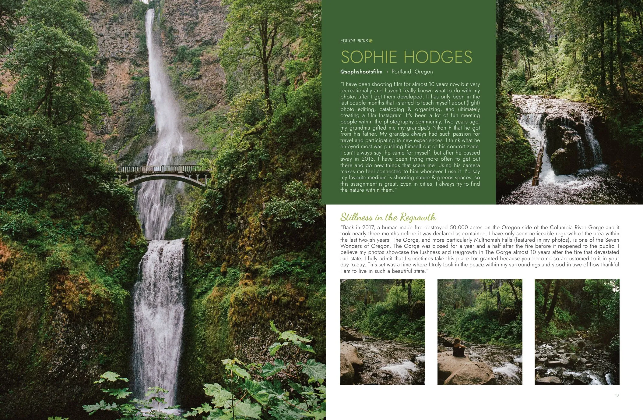 Full bleed against grid: the waterfall takes the entire page, the next one reorganises into blocks.