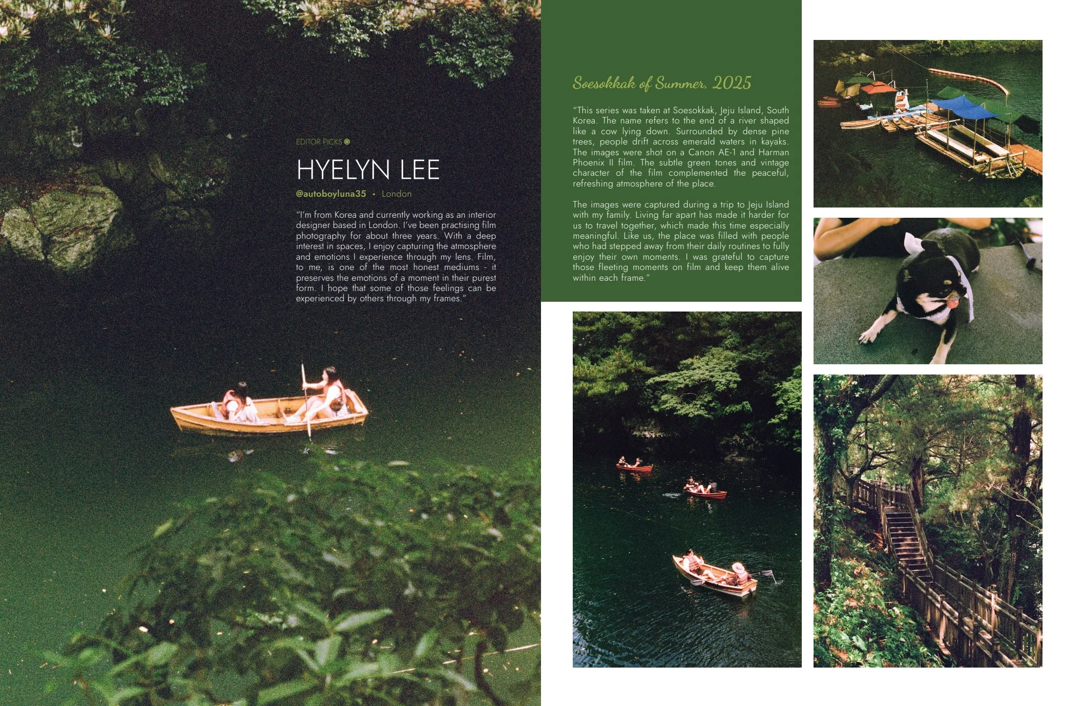 The only colour inversion in the magazine: a dark ground to let the bright photograph breathe.